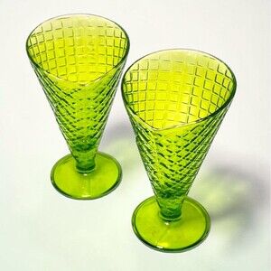 Vintage Bormioli Rocco Green Waffle Cone Ice Cream Sundae Glass Italy Set of 2
